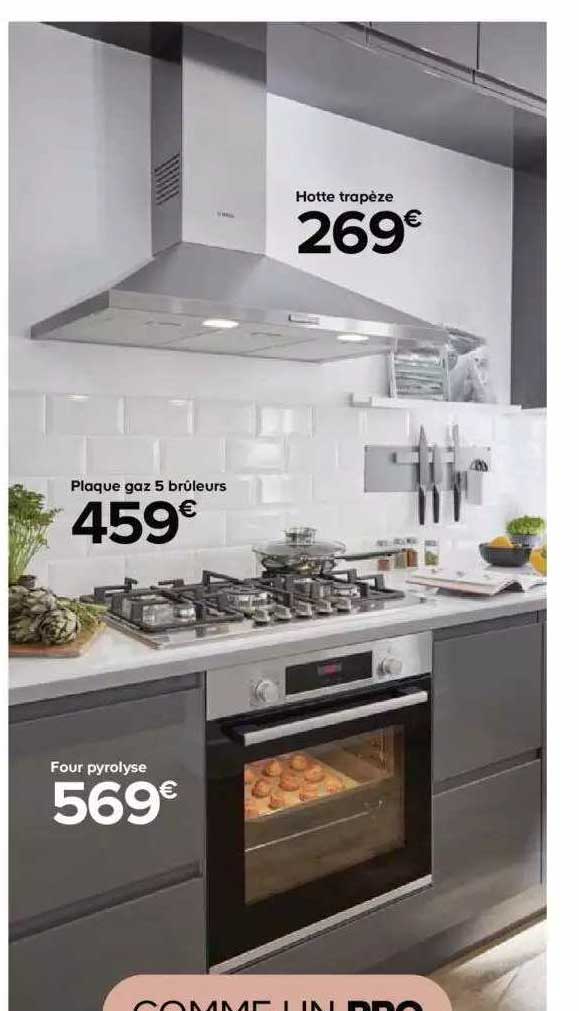 hotte trapèze plaque gaz 5 brûleurs four pyrolyse
