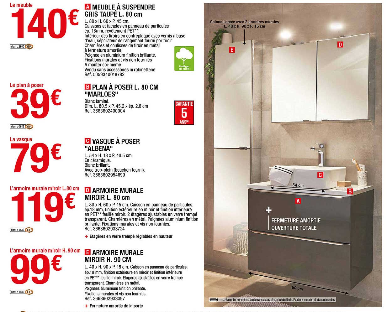 meuble à suspendre gris taupé l. 80 cm, plans à poser l. 80 cm "marloes", vasque à poser "albena", armoire murale miroir l. 80 cm, armoire murale miroir h. 90 cm