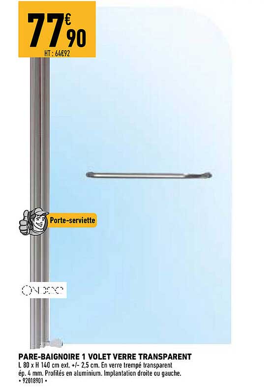 pare-baignoire 1 volet verre transparent