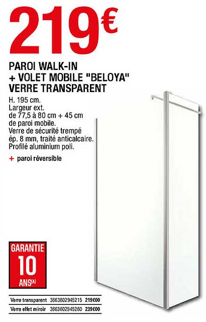 paroi walk-in + volet mobile "beloya" verre transparent