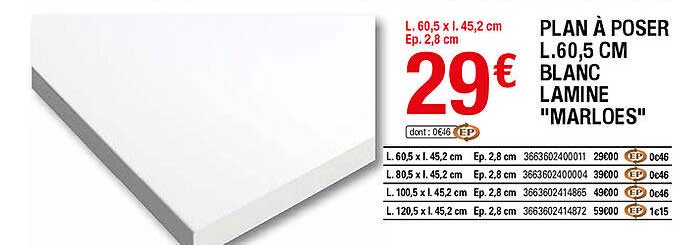 plan à poser l.60,5 cm blanc laminé "marloes"