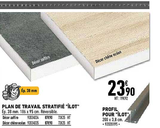 plan de travail stratifié "ilot" ep. 38 mm. 186 x 95 cm