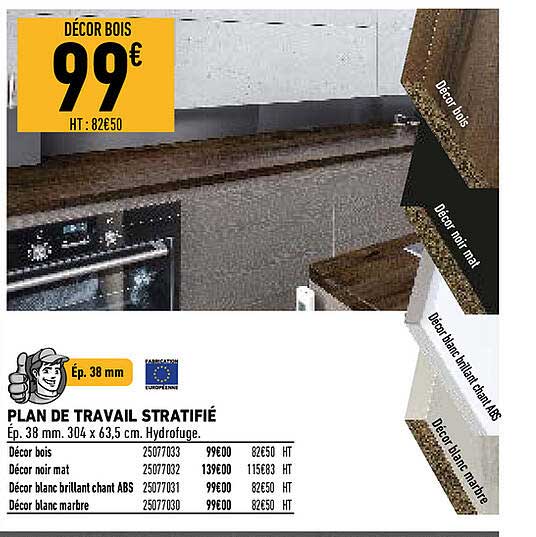 plan de travail stratifié ep. 38 mm. 304x63,5 cm