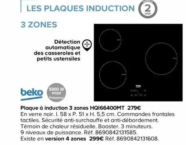 plaque à induction 3 zones hqi66400mt beko