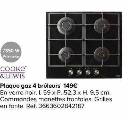 plaque gaz 4 brûleurs cooke&lewis