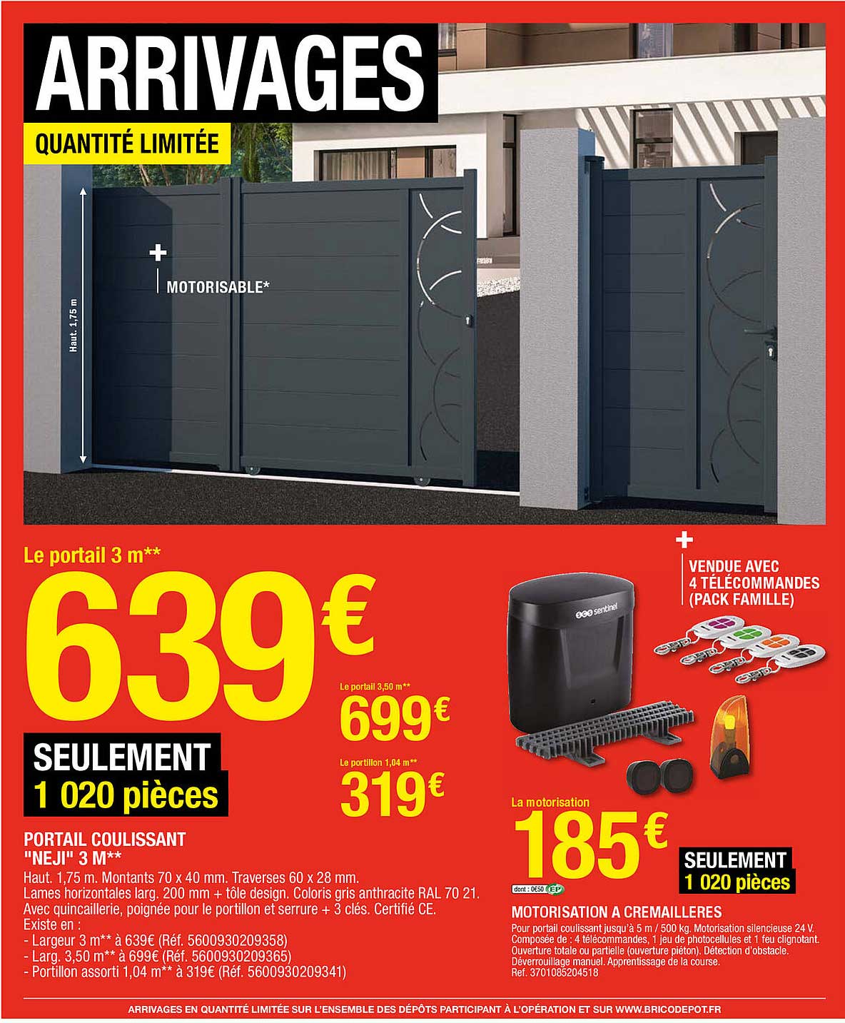 portail coulissant "neji" 3 m, motorisation à crémaillères