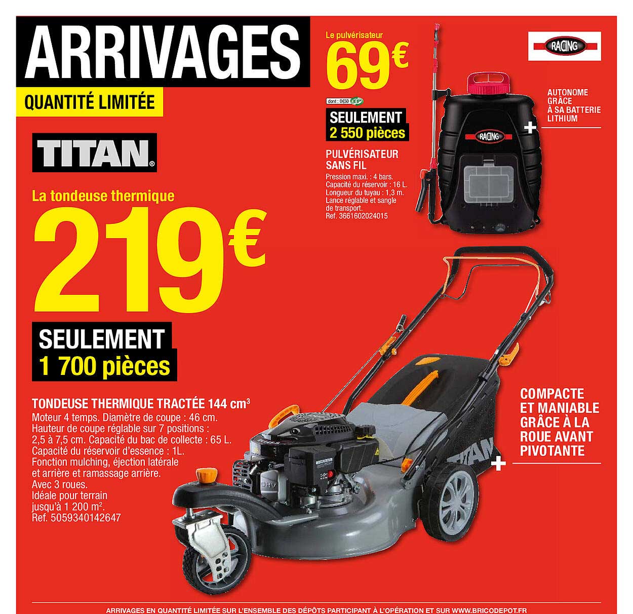 pulvérisateur sans fil, tondeuse thermique tractée 144 cm3