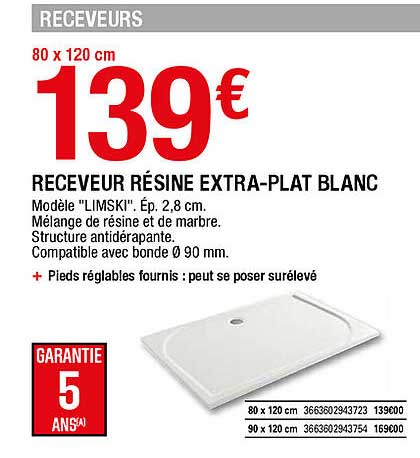 receveur résine extra-plat blanc