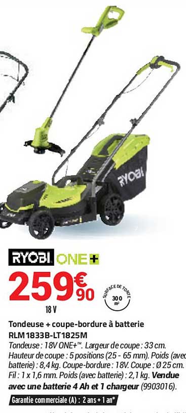 tondeuse + coupe-bordure à batterie rlm 1833b-lt 1825m ryobi one+