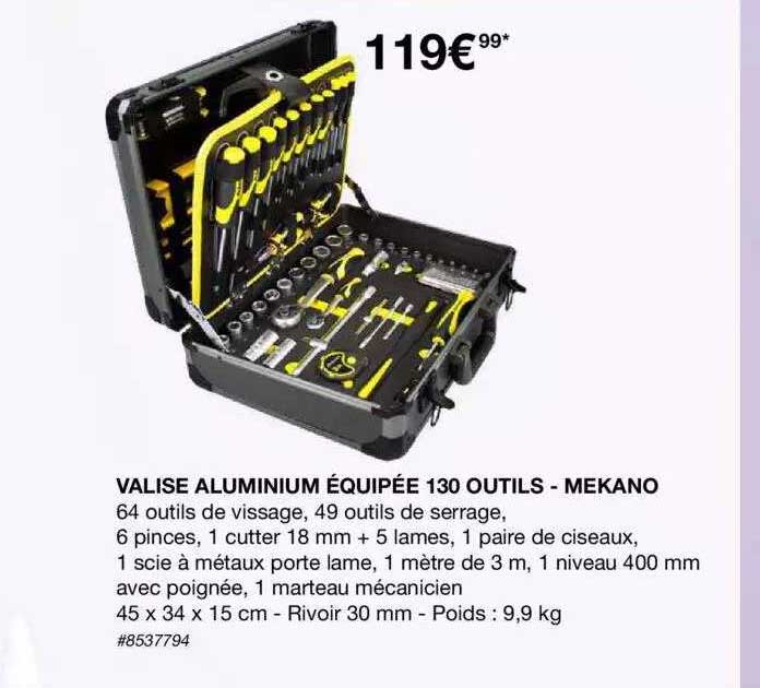 valise aluminium équipée 130 outils - mekano