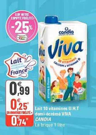 lait 10 vitamines uht demi-écrémé viva candia