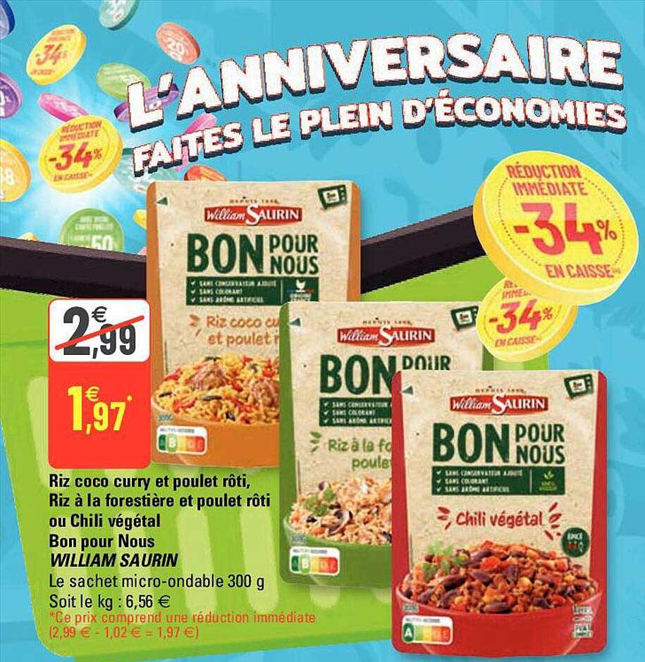 riz coco curry et poulet rôti, riz à la forestière et poulet rôti ou chili végétal bon pour nous william saurin