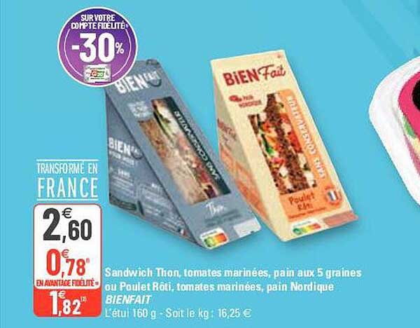 sandwich thon, tomates marinées, pain aux 5 graines ou poulet rôti, tomates marinées, pain nordique bienfait