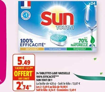 24 tablettes lave-vaisselle 100% efficacité sun tout en 1