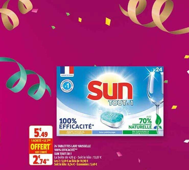 24 tablettes lave-vaisselle 100% efficacité sun tout en 1