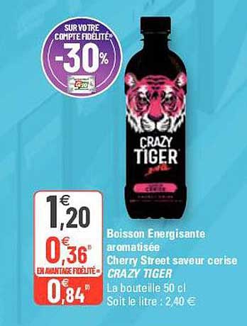 boisson energisante aromatisée cherry street saveur cerise crazy tiger