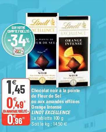 chocolat noir à la pointe de fleur de sel ou aux amandes effilées orange intense lindt excellence