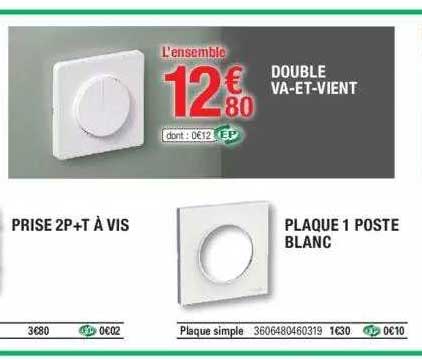 double va-et-vient, prise 2p + t à vis, plaque 1 poste blanc
