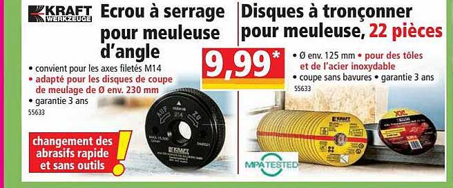 ecrou à serrage pour meuleuse d'angle kraft werkzeuge, disques à tronçonner pour meuleuse 22 pièces kraft werkzeuge