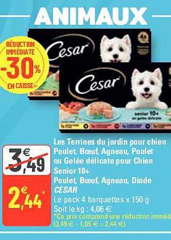 les terrines du jardin pour chien poulet, boeuf agneau, poulet ou gelée délicate pour chien senior 10+ poulet, boeuf, agneau, dinde césar