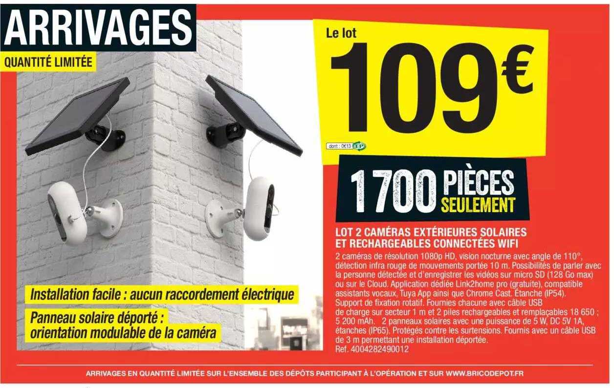lot 2 caméras extérieures solaires et rechargeables connectées wifi