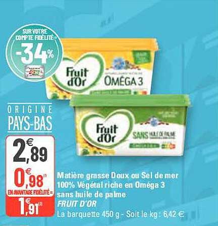 matière grasse doux ou sel de mer 100% végétal riche en oméga 3 sans huile de palme fruit d'or