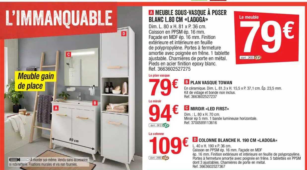 meuble sous-vasque à poser blanc l.80 cm «ladoga», plan vasque towan, miroir «led first», colonne blanche h. 190 cm «ladoga»