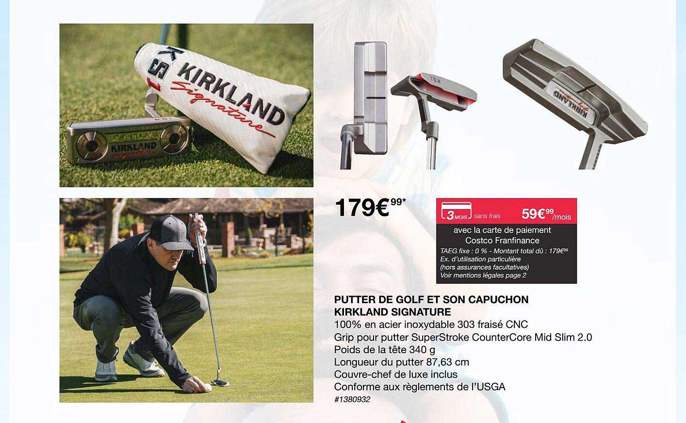 putter de golf et son capuchon kirkland signature