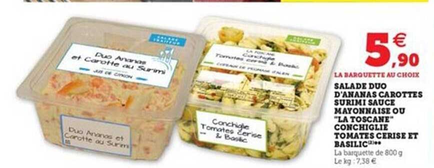 salade duo d'ananas carottes surimi sauce mayonnaise ou "la toscane" conchiglie tomates cerise et basilic