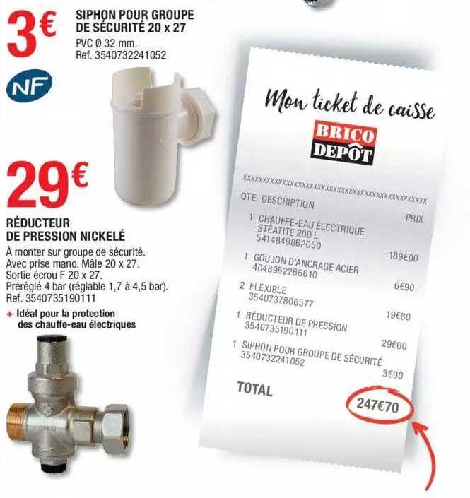 siphon pour groupe de sécurité 20x 27, réducteur de pression nickelé