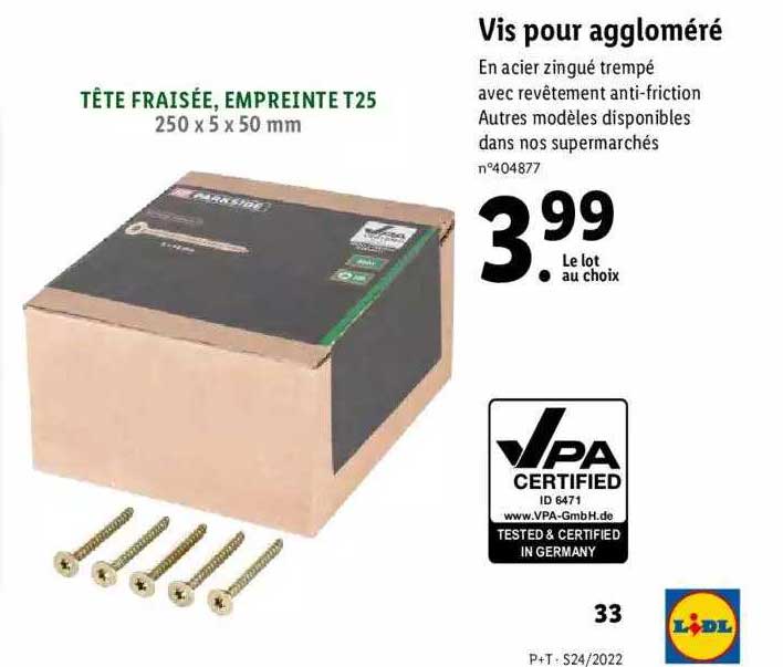 vis pour aggloméré vpa certified