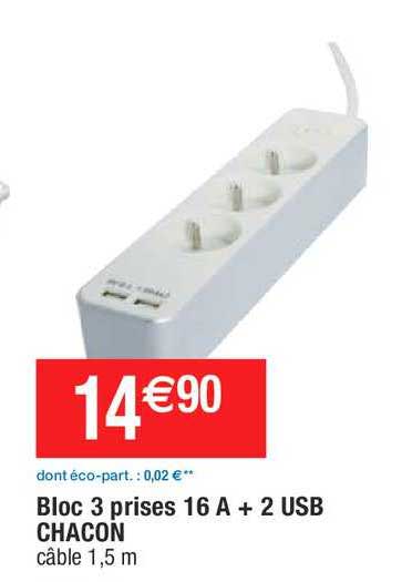 bloc 3 prises 16A + 2 usb chacon