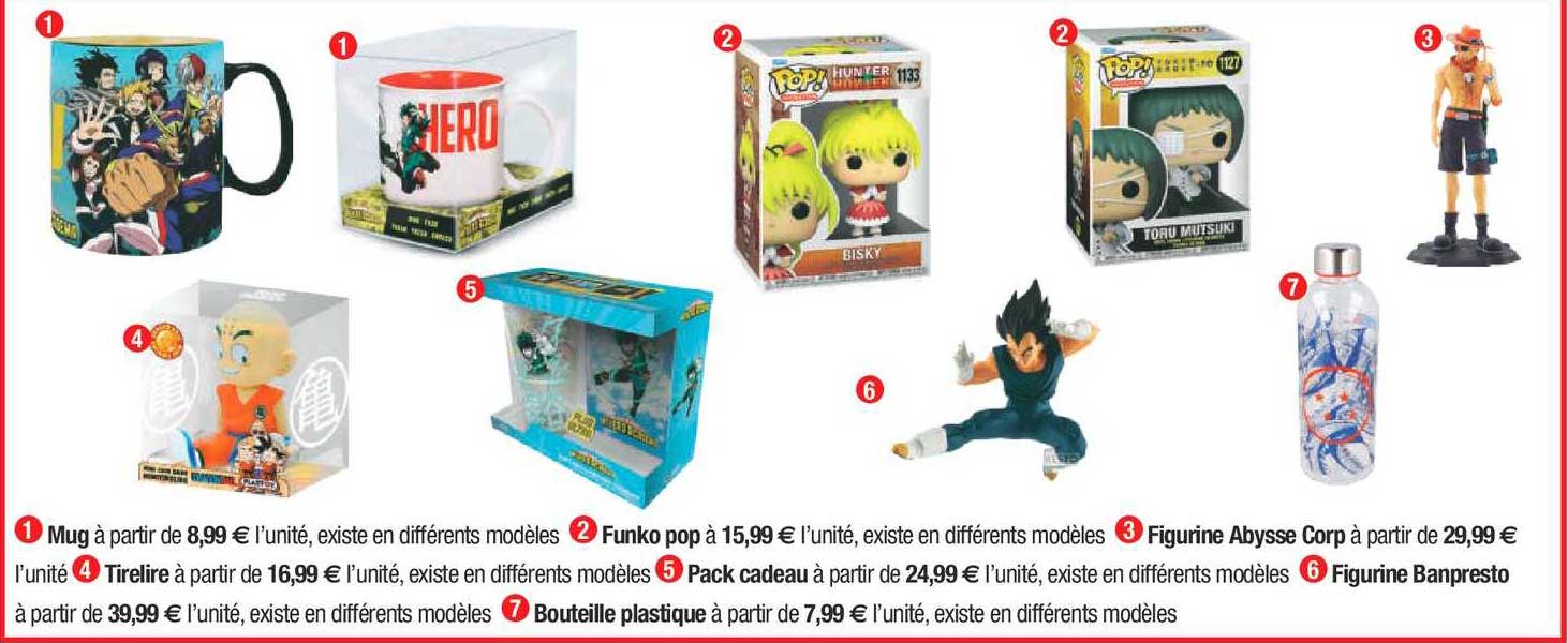 mug, funko pop, figurine abysse corp, tirelire, pack cadeau, figurine banpresto, bouteille plastique