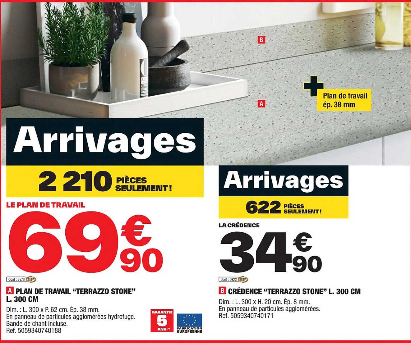 plan de travail "terrazzo stone" l. 300 cm, crédence "terrazzo stone" l. 300 cm