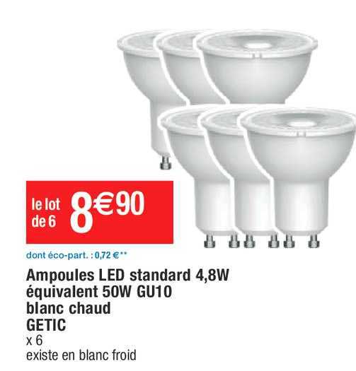 ampoules led standard 4,8w équivalent 50w gu10 blanc chaud getic