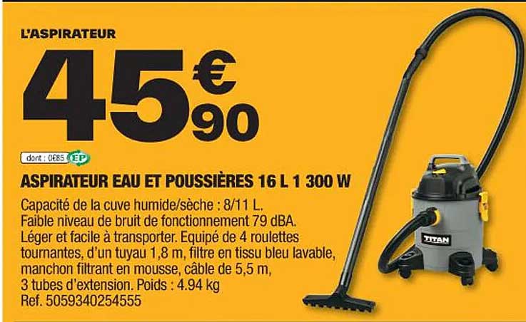aspirateur eau et poussières 16l 300w titan