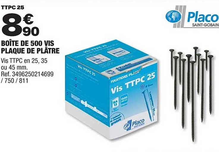 boîte de 500 vis plaque de plâtre placo