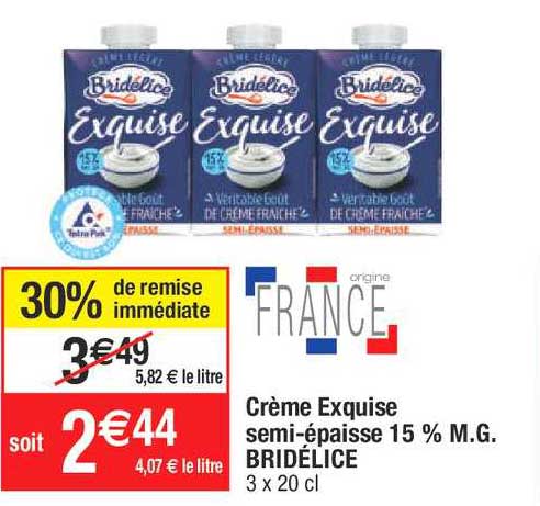 crème exquise semi-épaisse 15% m.g. bridélice