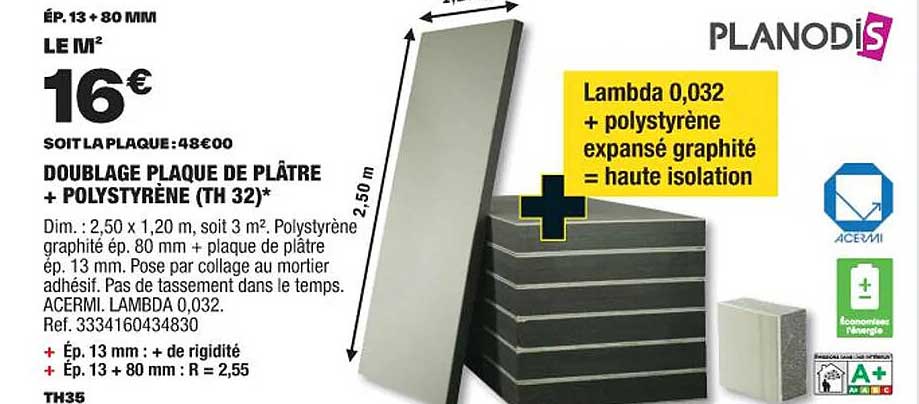doublage plaque de plâtre + polystyrène (th 32) planodis