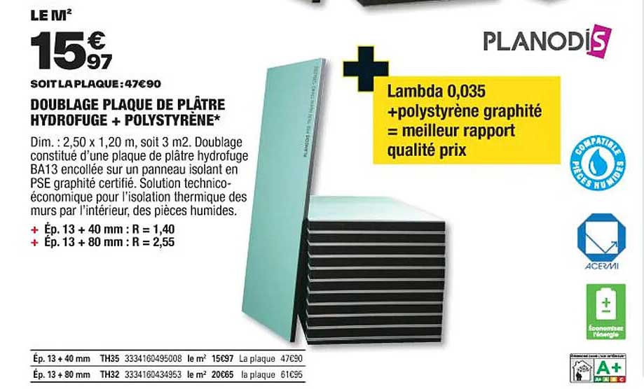 doublage plaque de plâtre hydrofuge + polystyrène planodis