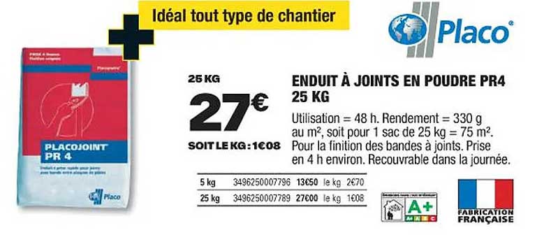 enduit à joints en poudre pr4 25 kg placo