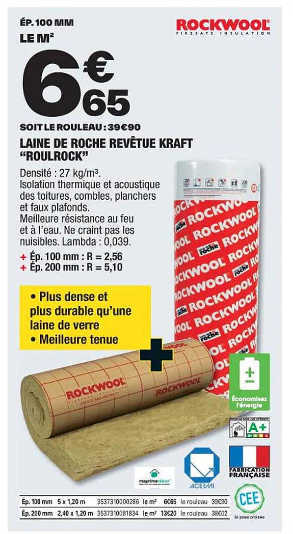 laine de roche revêtue kraft "roulrock" rockwool