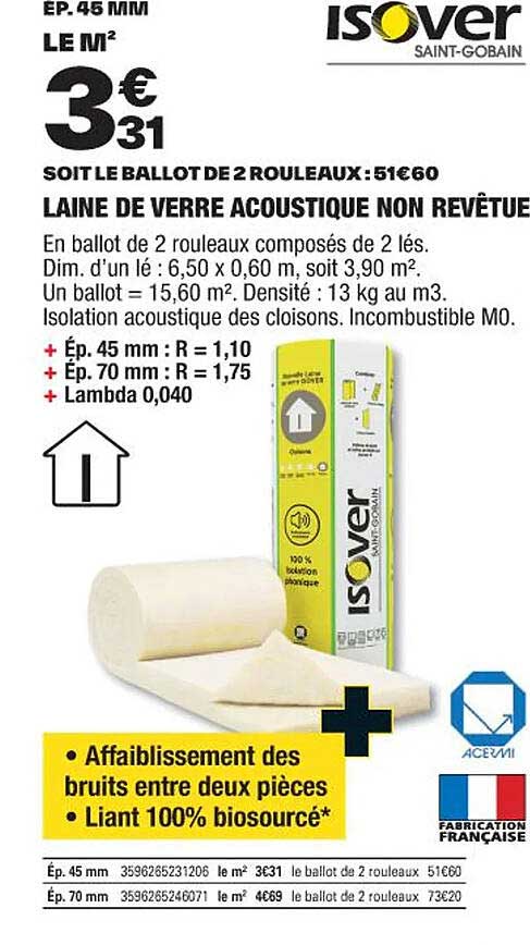 laine de verre acoustique non revêtue isover