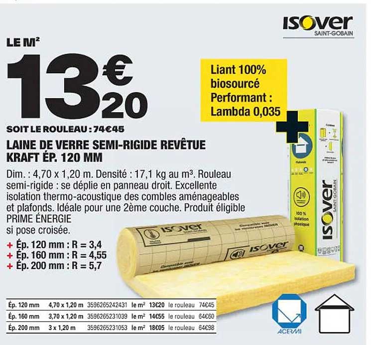 laine de verre semi-rigide revêtue kraft ép. 120 mm isover