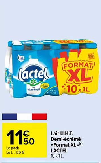 lait u.h.t. demi-écrémé «format xl» lactel