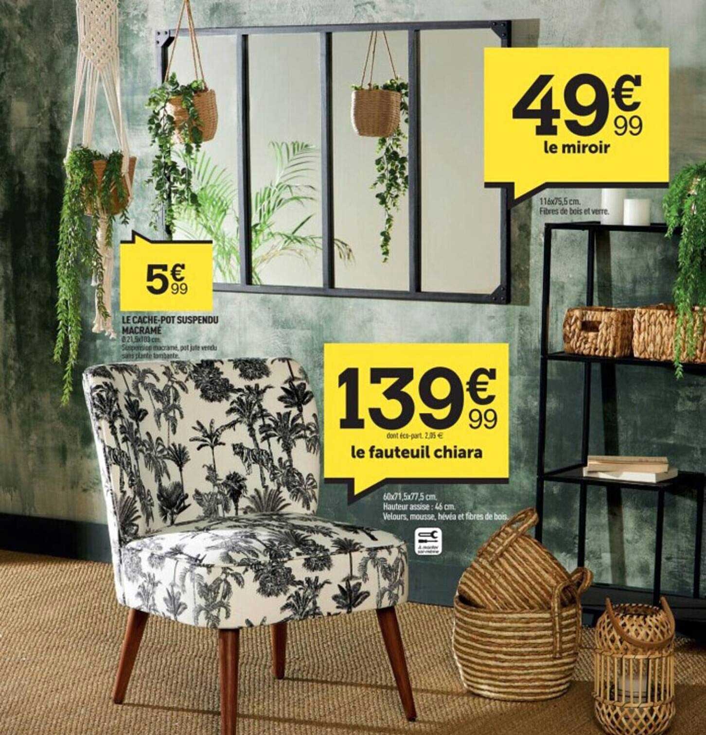 le cache-pot suspendu macramé, le fauteuil chiara, le miroir