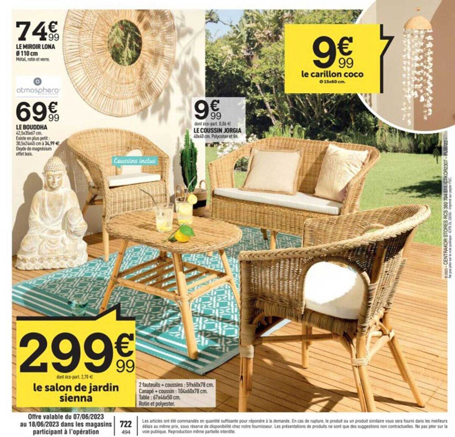 le miroir lona ø 110 cm, le bouddha, le salon de jardin sienna, le coussin jorgia, le carillon coco