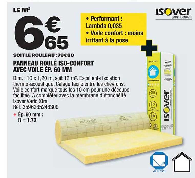 panneau roulé iso-confort avec voile ép. 60 mm isover