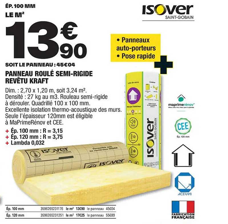 panneau roulé semi-rigide revêtu kraft isover