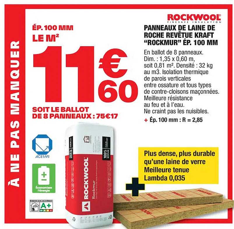 panneaux de laine de roche revêtue kraft "rockmur" ép. 100 mm rockwool